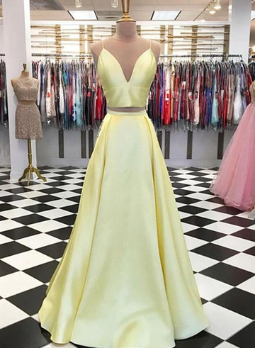 Yellow two pieces long prom dress, yellow satin evening dress HZ1023